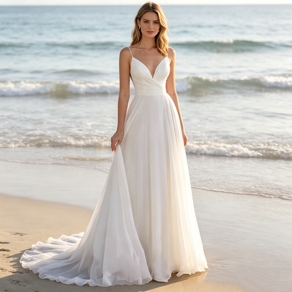 BHstyle Fließendes Chiffon Maxikleid mit V-Ausschnitt und rückenfreier Schleppe für Abendanlässe