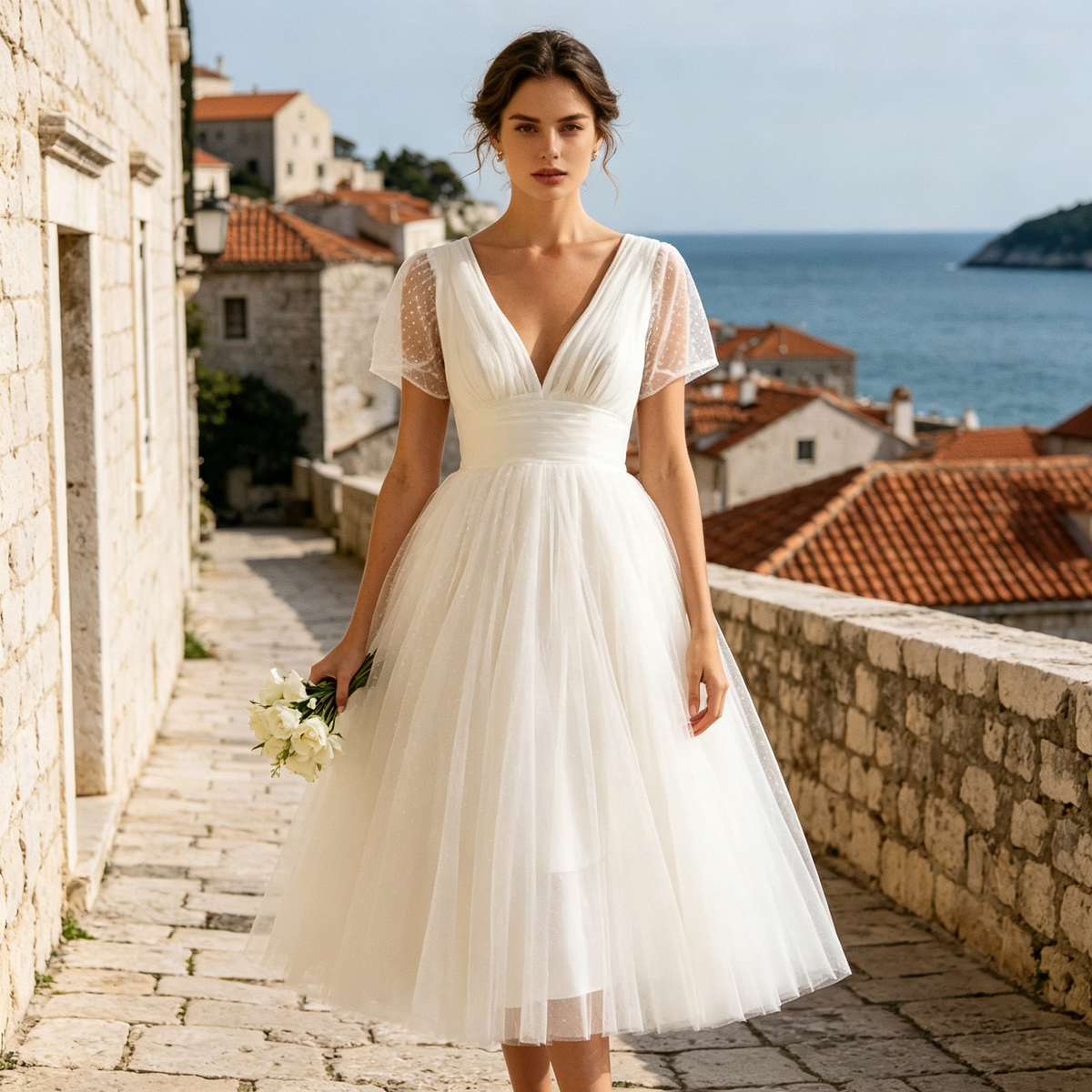 Damen Midikleid mit Kurzarm, Flatterärmel & A-Linien Tüllrock – Weiß