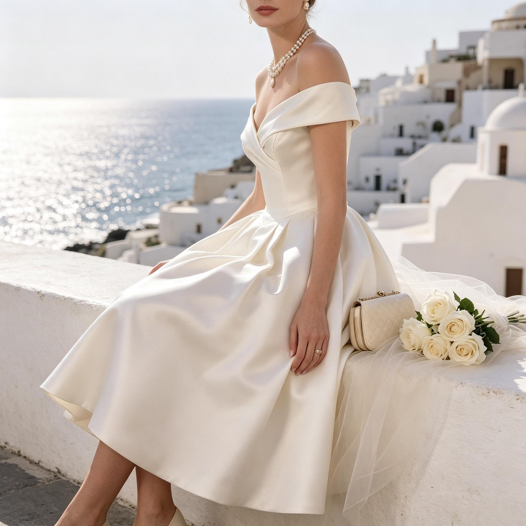 BHstyle Off-Shoulder Satin Midi Festkleid Figurbetont Voll ausgestellt Cremeweiß