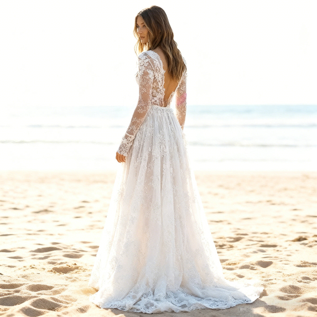 BHstyle Boho A-Linie Ball-Gown mit Spitze Halterneck Ballkleid mit Beinschlitz tiefem V-Ausschnitt für Strandhochzeit
