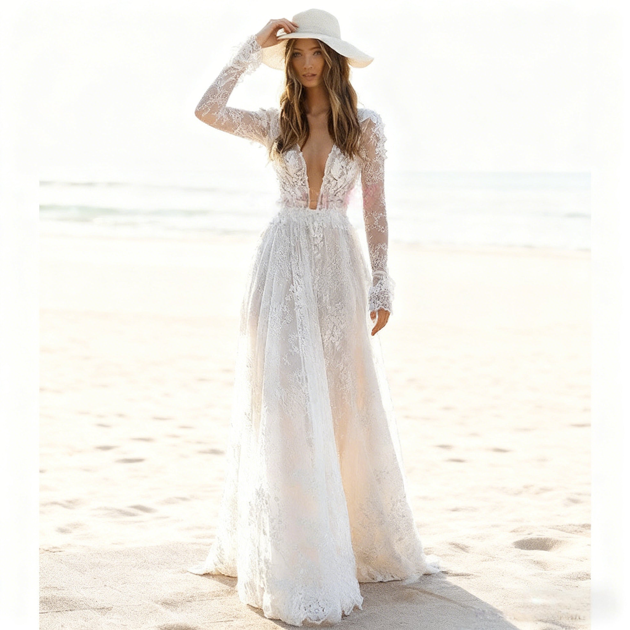 BHstyle Boho A-Linie Ball-Gown mit Spitze Halterneck Ballkleid mit Beinschlitz tiefem V-Ausschnitt für Strandhochzeit