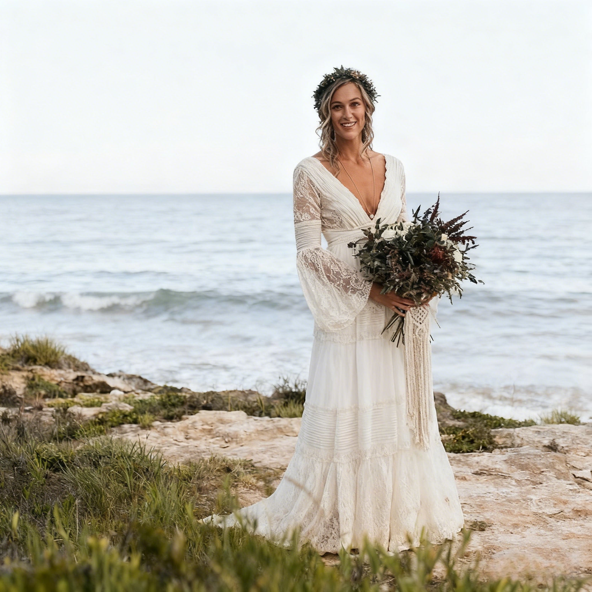 BHstyle Boho Ball-Gowner A-Linie Ball-Gown mit Spitze Langarm Ballkleid mit tiefem V-Ausschnitt Tüllrock Strandhochzeit 2-26W