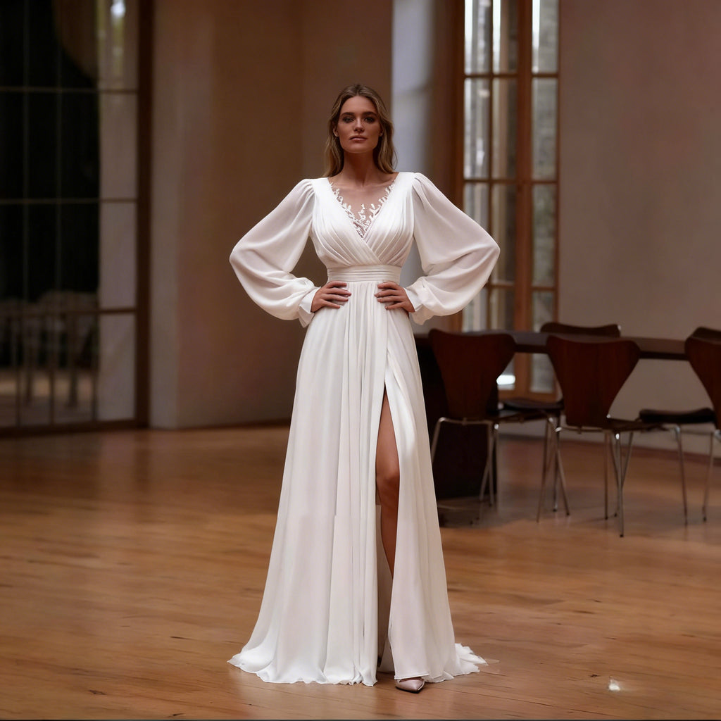 BHstyle A Linie Ball-Gown mit langen Bischofsärmeln Klassisches Ballkleid mit V Ausschnitt und hohem Beinschlitz 2-26W