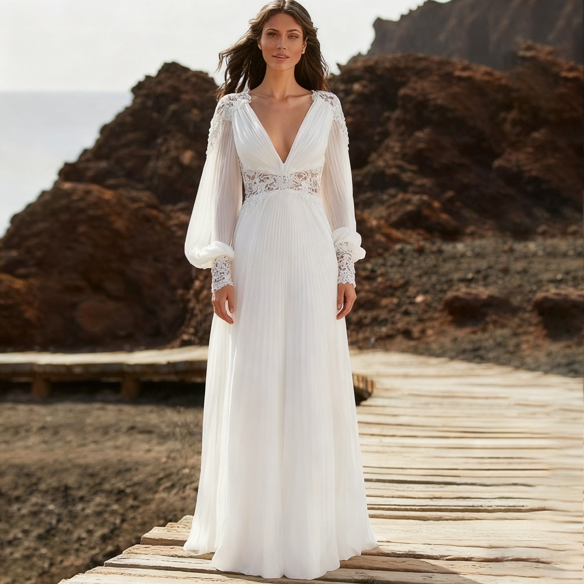 BHstyle Boho A Linie Ball-Gown mit Spitze Vintage Ballkleid mit V Ausschnitt und langen Bischofsärmeln Strand Ball-Gown 2-26W