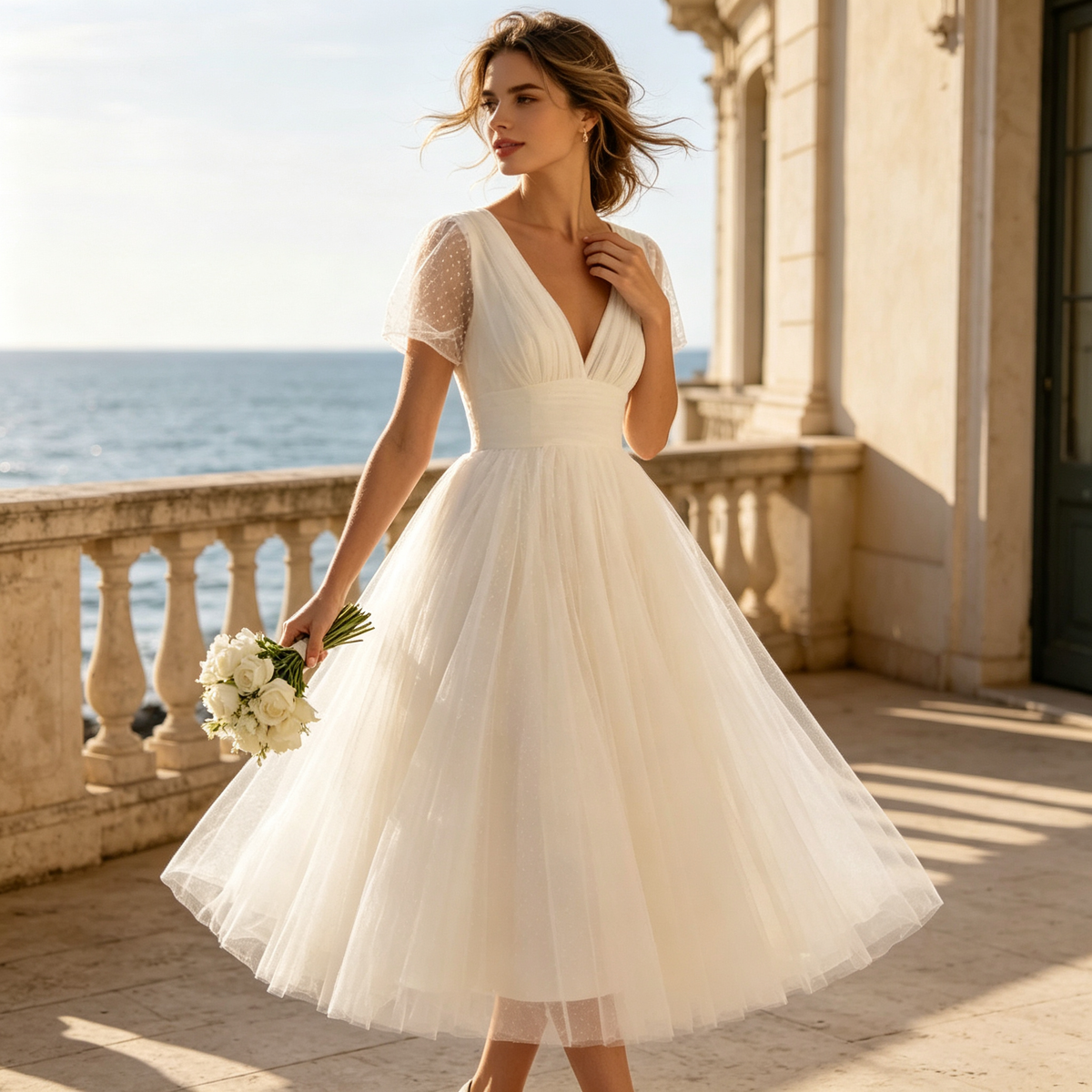 Damen Midikleid mit Kurzarm, Flatterärmel & A-Linien Tüllrock – Weiß