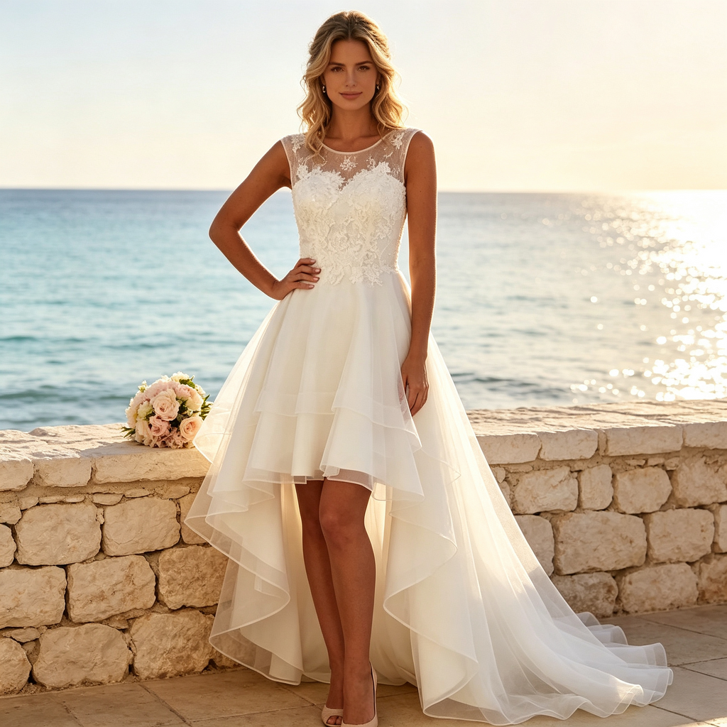 BHstyle Elegantes Damen High-Low Abendkleid mit Spitze und Tüllrock – Ärmellos