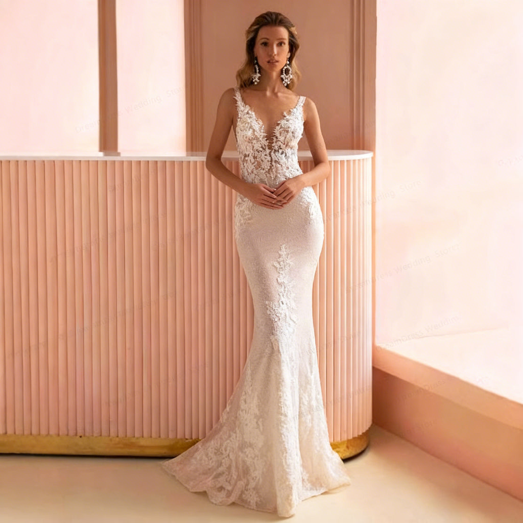 BHstyle Sexy Meerjungfrau Ball-Gown mit Spitze Rückenfrei Ballkleid mit tiefem V Ausschnitt Flare Ball-Gown für 2-26W