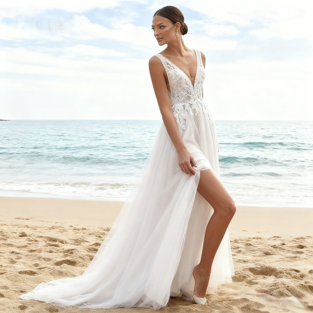 BHstyle Märchenhaftes Prinzessin A Linie Ball-Gown Tüll Romantisches Boho Ballkleid mit V Ausschnitt 2-26W