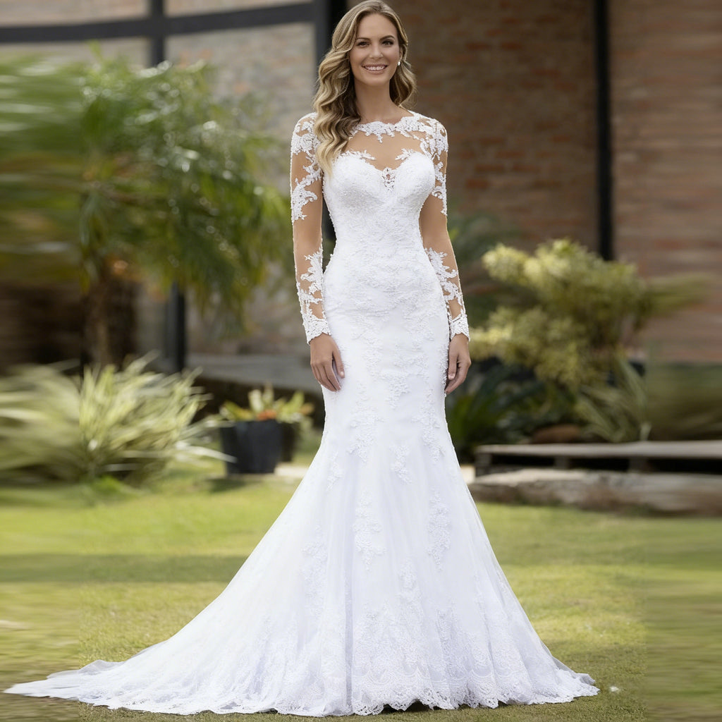 BHstyle Meerjungfrau Ball-Gown mit Langarm Vintage Ballkleid mit Spitze Sexy Illusions Ausschnitt Boho Elegant 2-26W