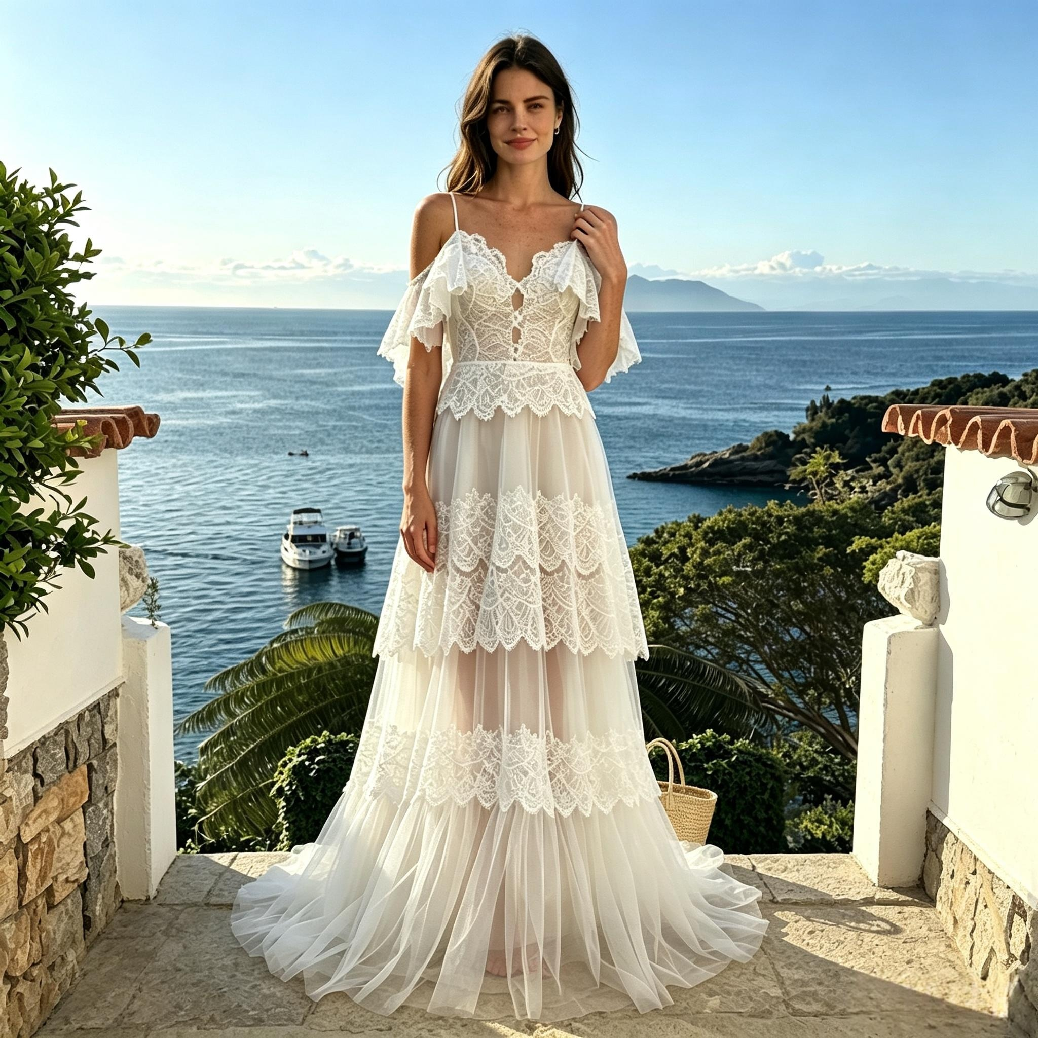 BHstyle Spaghettiträger Spitzen Midi Maxi Festkleid mit Rüschen und Tüll Rock Cremeweiß