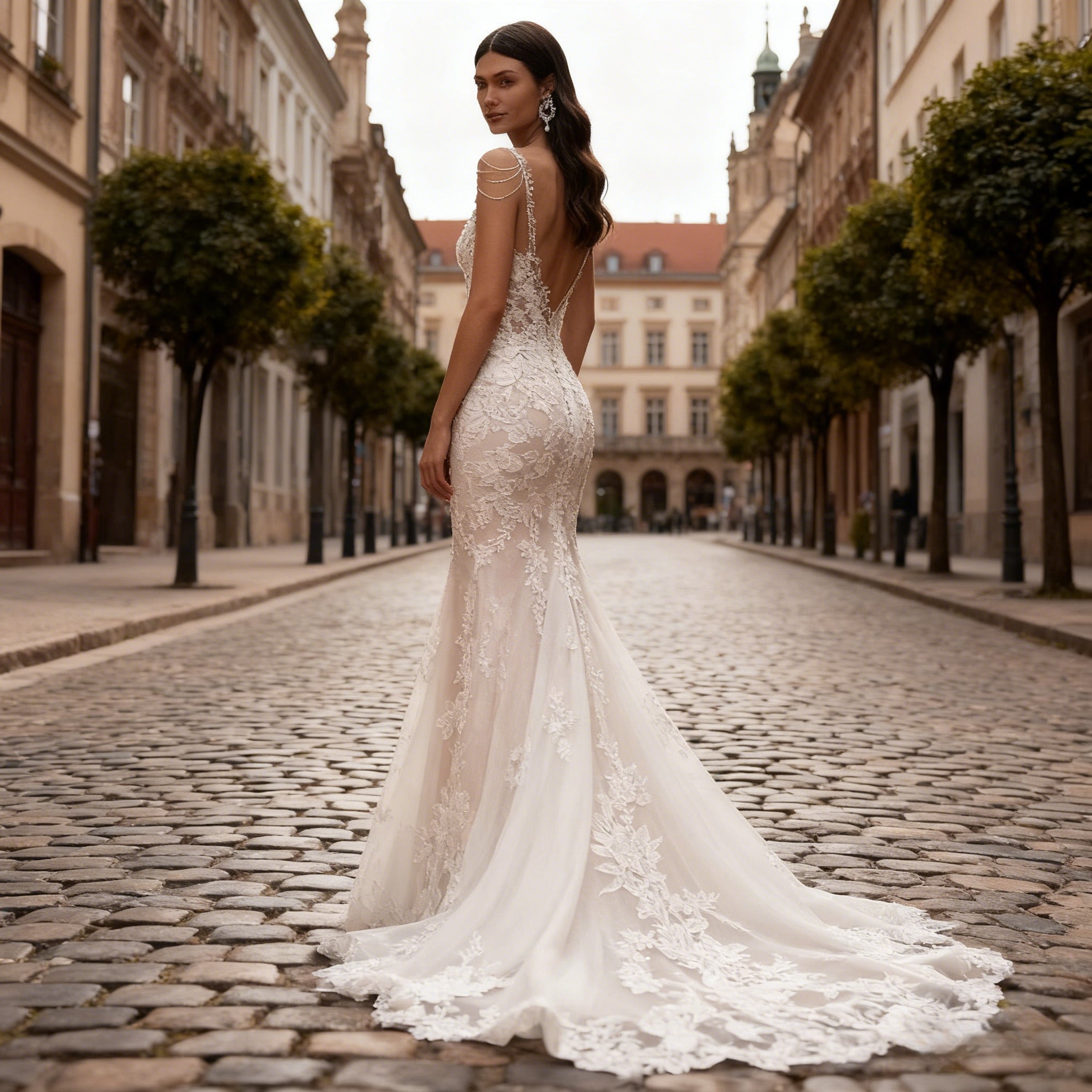 BHstyle Luxus Meerjungfrau Ball-Gown Spitze V Ausschnitt Perlenketten Ballkleid Champagner Boho Glamour 2-26W