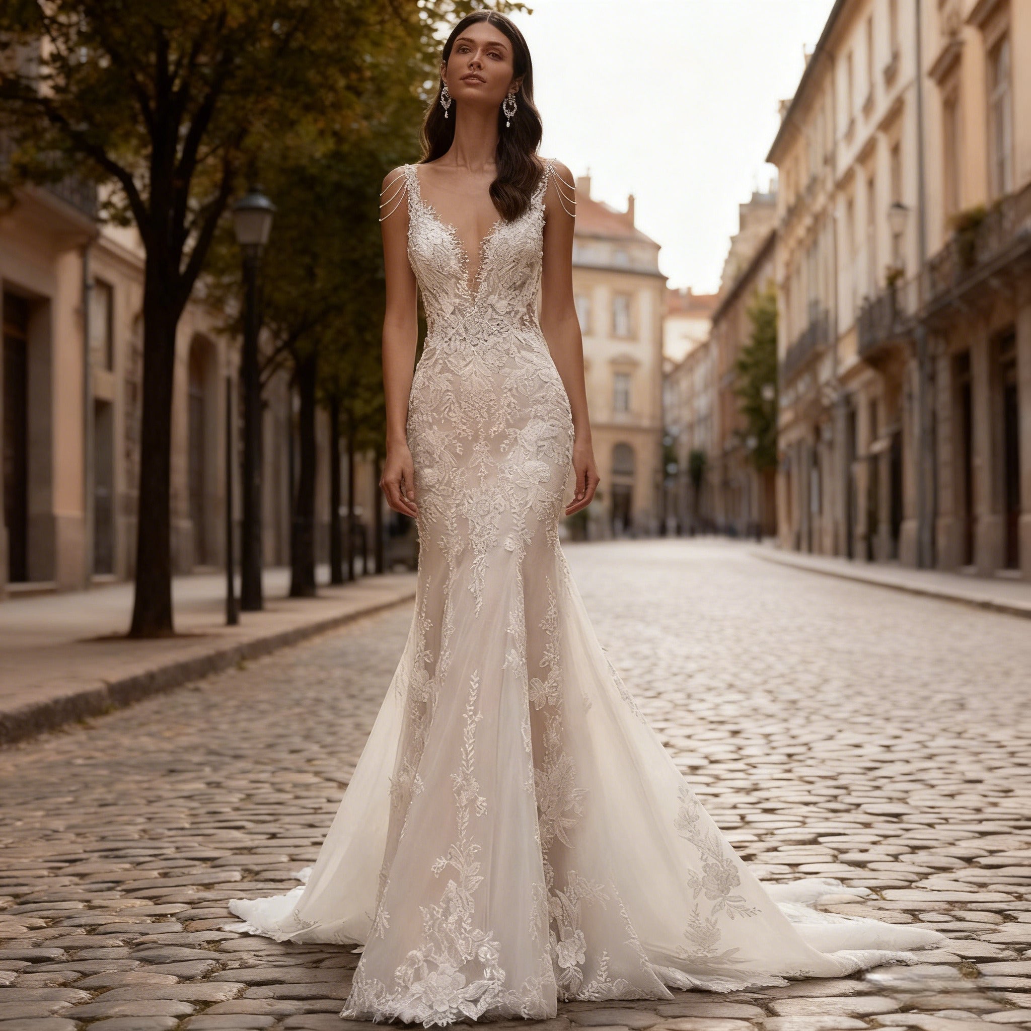 BHstyle Luxus Meerjungfrau Ball-Gown Spitze V Ausschnitt Perlenketten Ballkleid Champagner Boho Glamour 2-26W