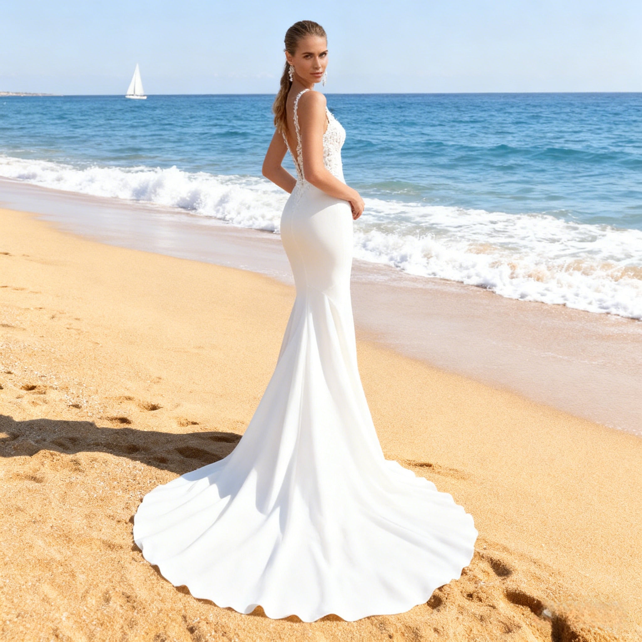 BHstyle Luxus Meerjungfrau Ball-Gown Spitze V Ausschnitt Ballkleid Champagner Boho Glamour 2-26W