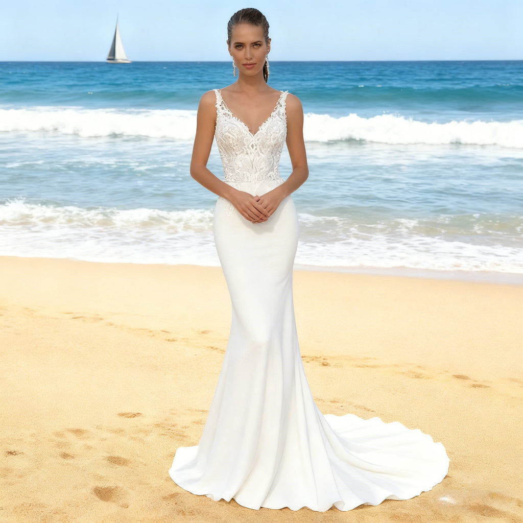 BHstyle Luxus Meerjungfrau Ball-Gown Spitze V Ausschnitt Ballkleid Champagner Boho Glamour 2-26W