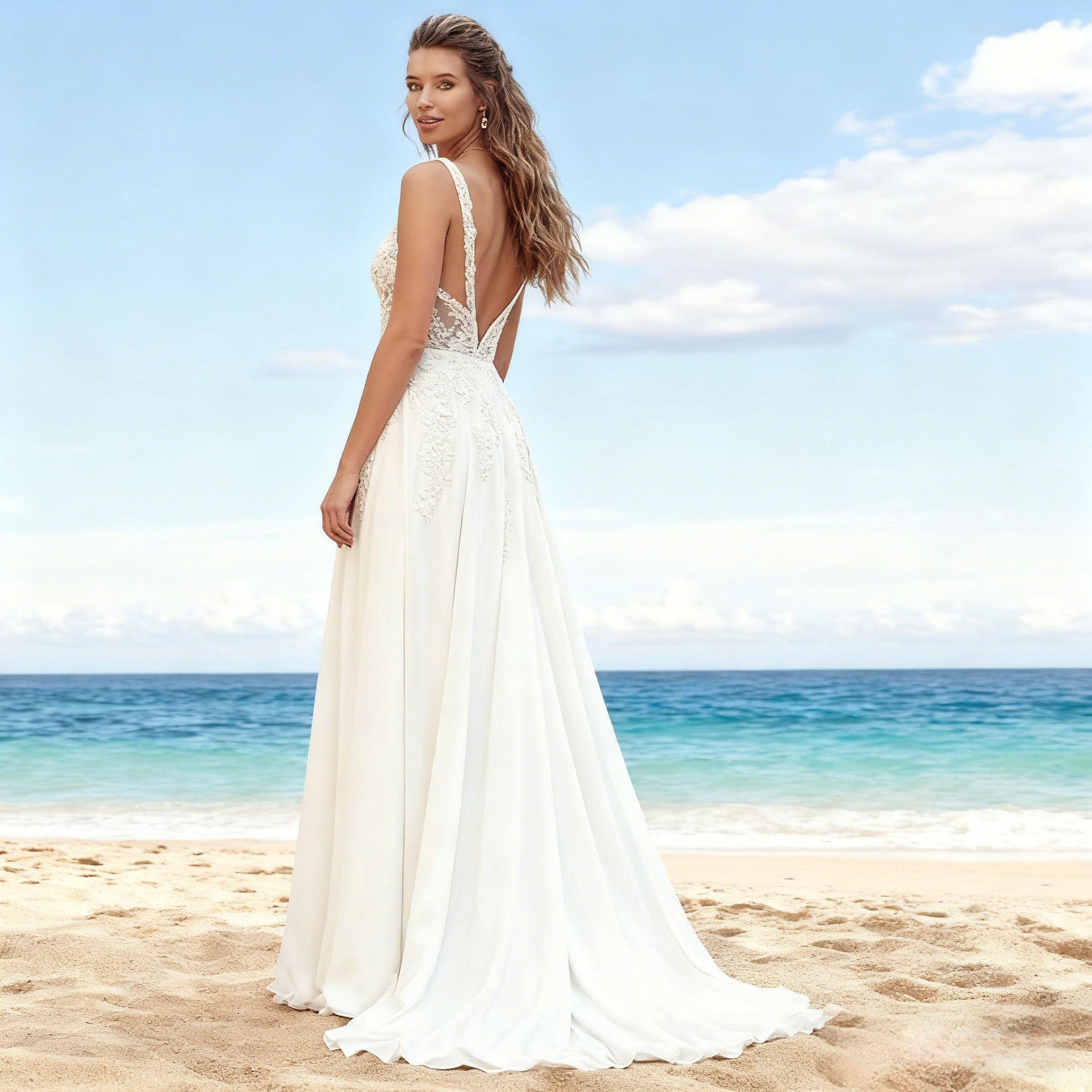 BHstyle Romantisches A-Linie Ball-Gown Spitze V Ausschnitt Tüll Ballkleid Modern Boho Elegant Weiß 2-26W