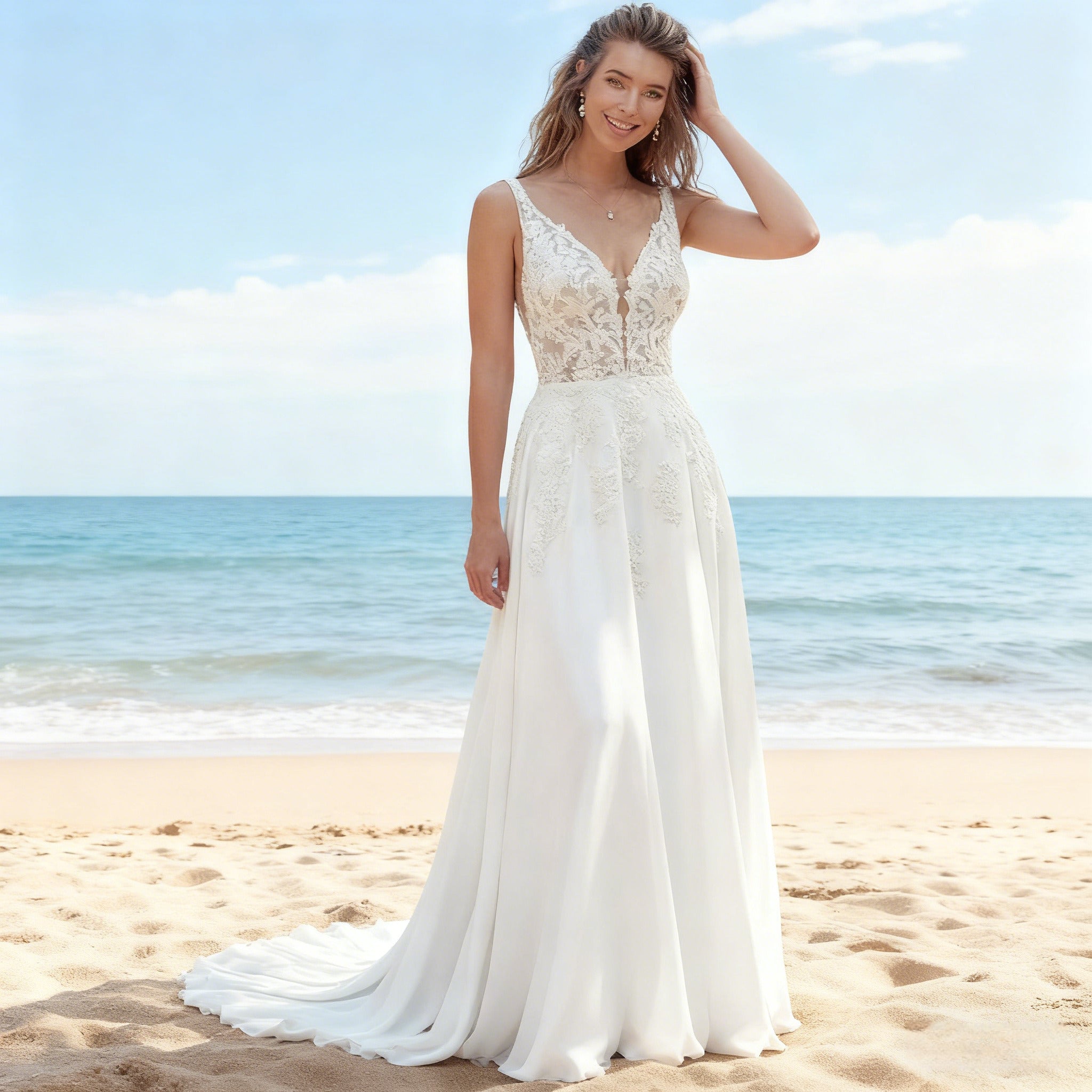 BHstyle Romantisches A-Linie Ball-Gown Spitze V Ausschnitt Tüll Ballkleid Modern Boho Elegant Weiß 2-26W