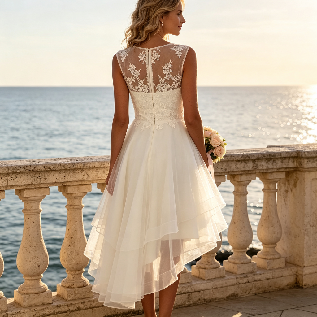 BHstyle Elegantes Damen High-Low Abendkleid mit Spitze und Tüllrock – Ärmellos