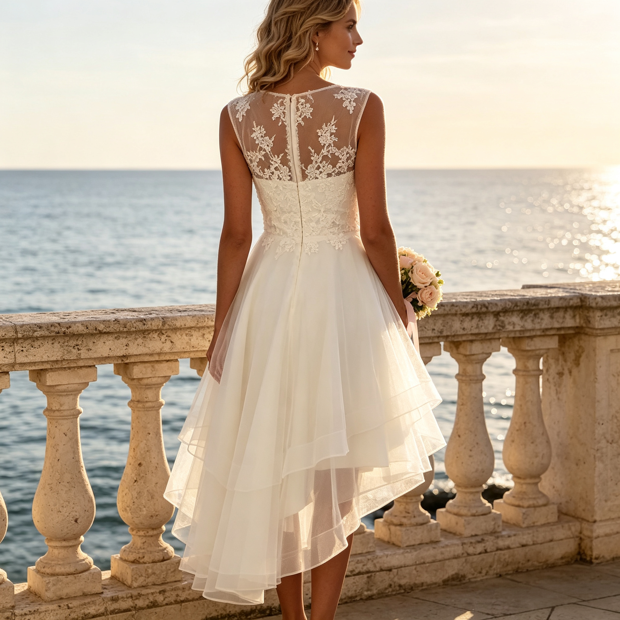 Elegantes Damen High-Low Abendkleid mit Spitze und Tüllrock – Ärmellos