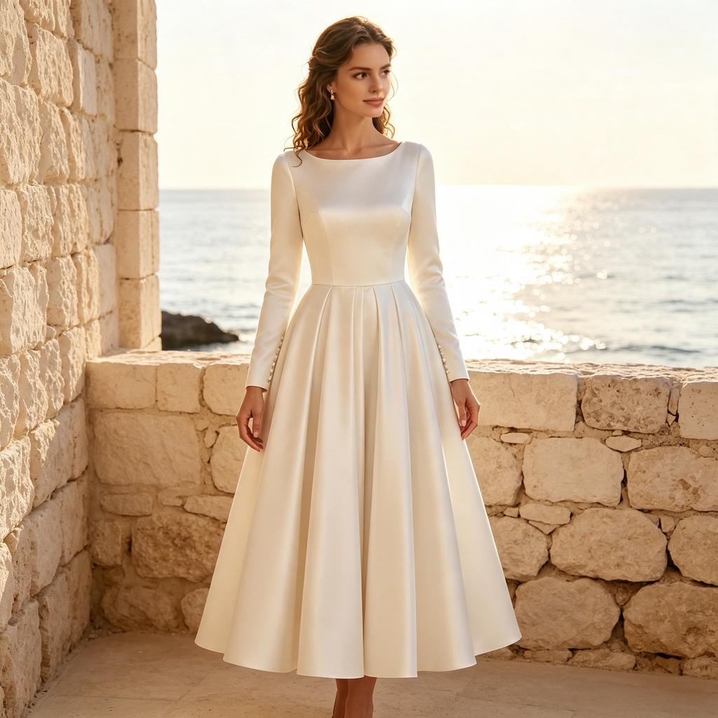 Damen Satin-Midikleid mit Langarm, U-Boot-Ausschnitt und Faltenrock - Elfenbein