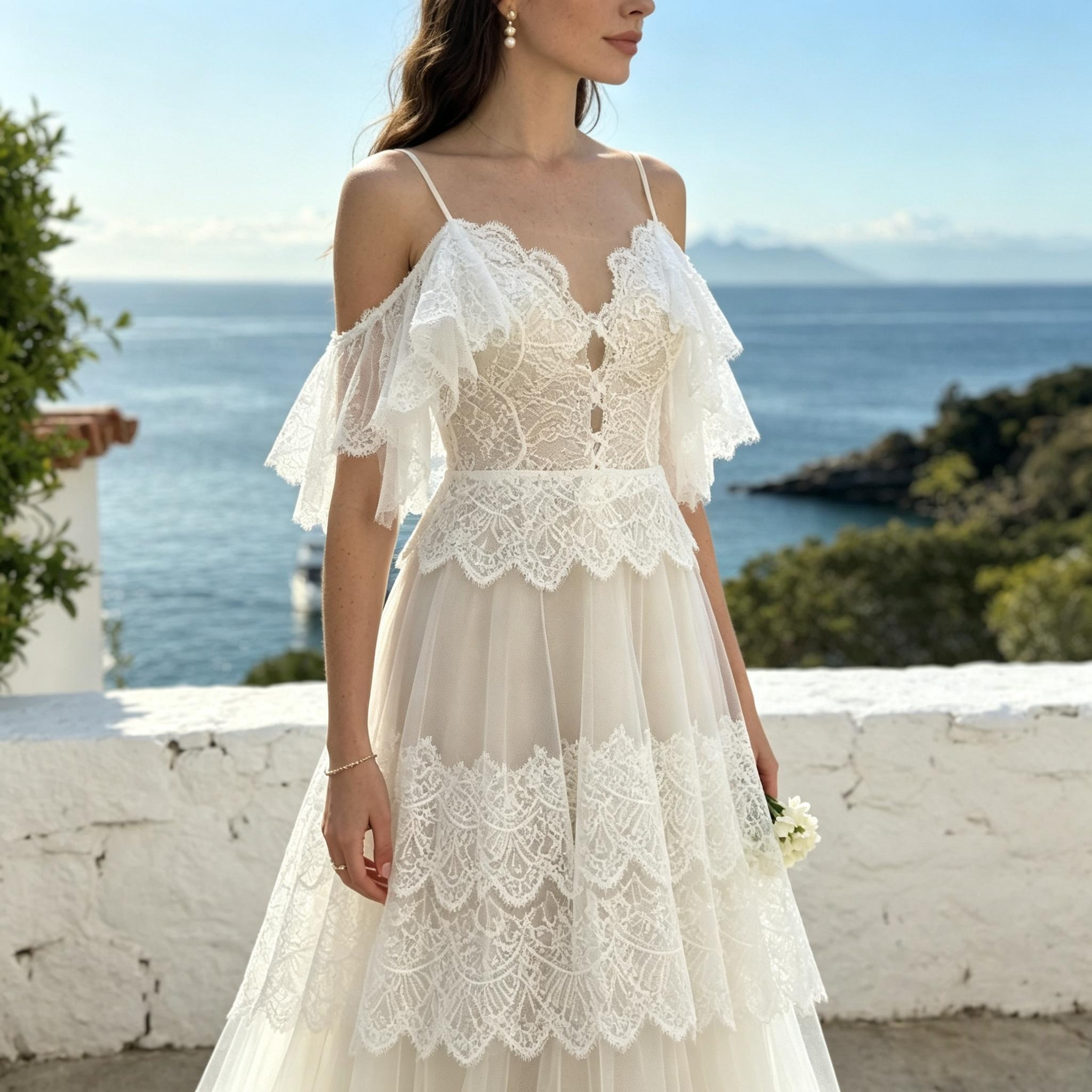 BHstyle Spaghettiträger Spitzen Midi Maxi Festkleid mit Rüschen und Tüll Rock Cremeweiß