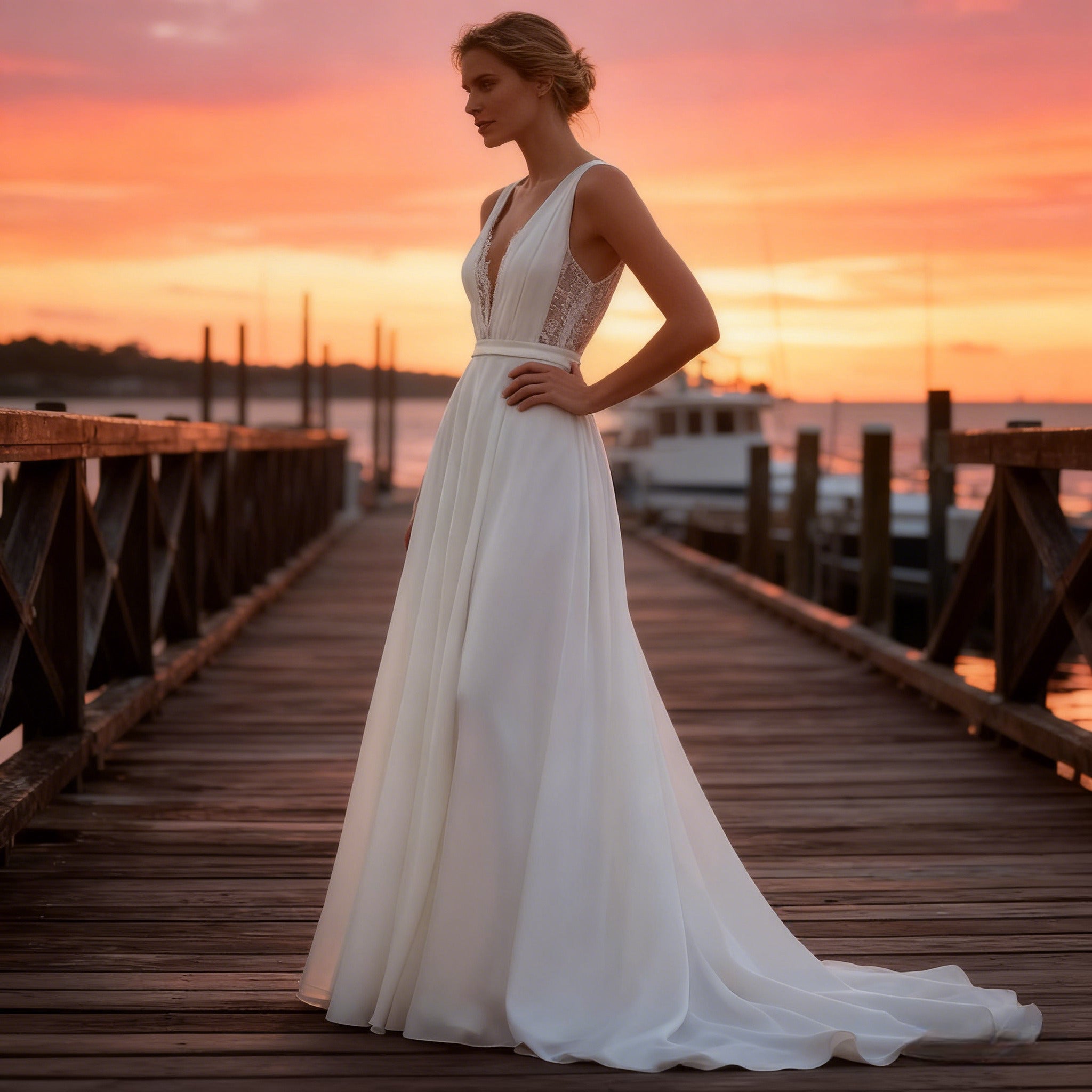 BHstyle Elegantes A-Linie Ball-Gown V-Ausschnitt Chiffon Ballkleid Modern Puristisch Strand Weiß Sommer 2-26W