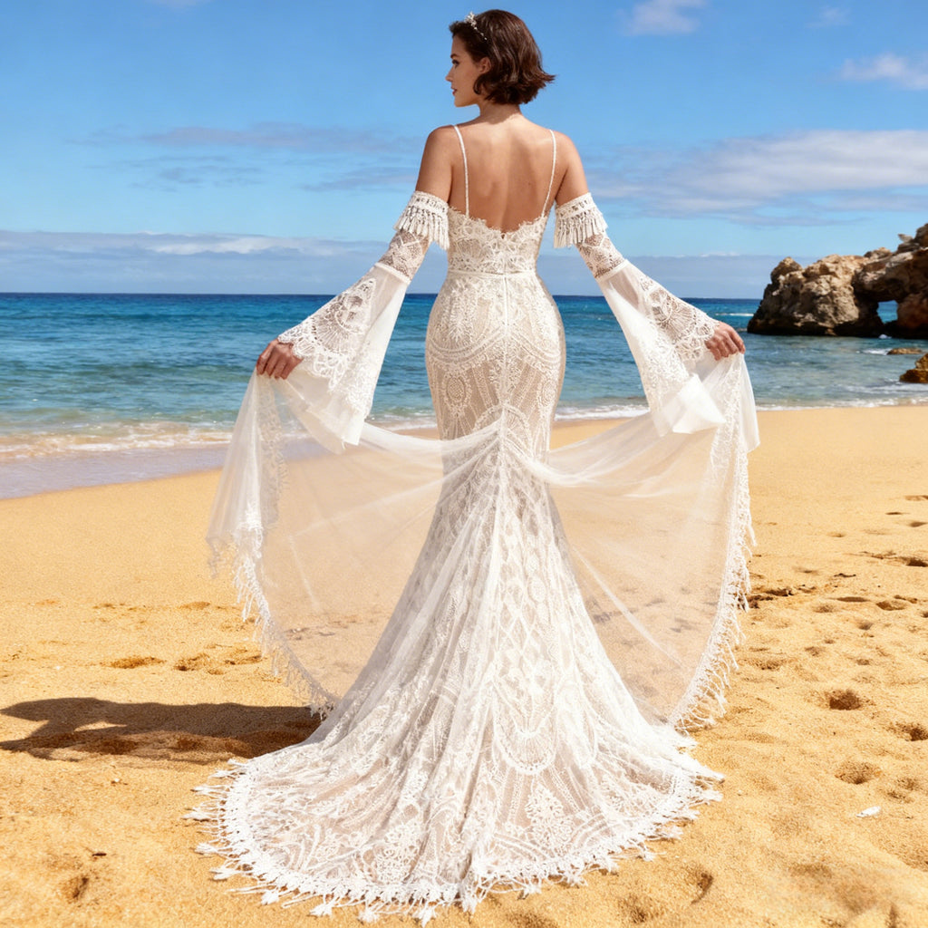 BHstyle Boho Ball-Gown Spitze Glockenärmel Vintage Meerjungfrau Ballkleid Sexy Rückenfrei Hippie Weiß 2-26W