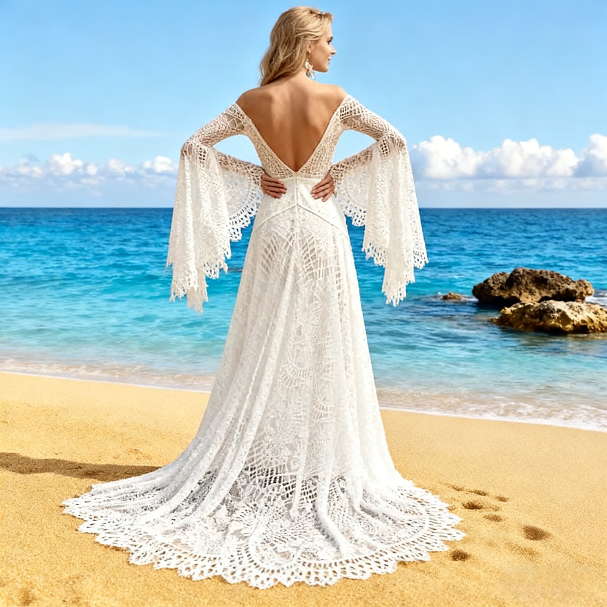 BHstyle Boho Ball-Gown Glockenärmel Spitze V-Ausschnitt Vintage Meerjungfrau Ballkleid Sexy Hippie Weiß 2-26W