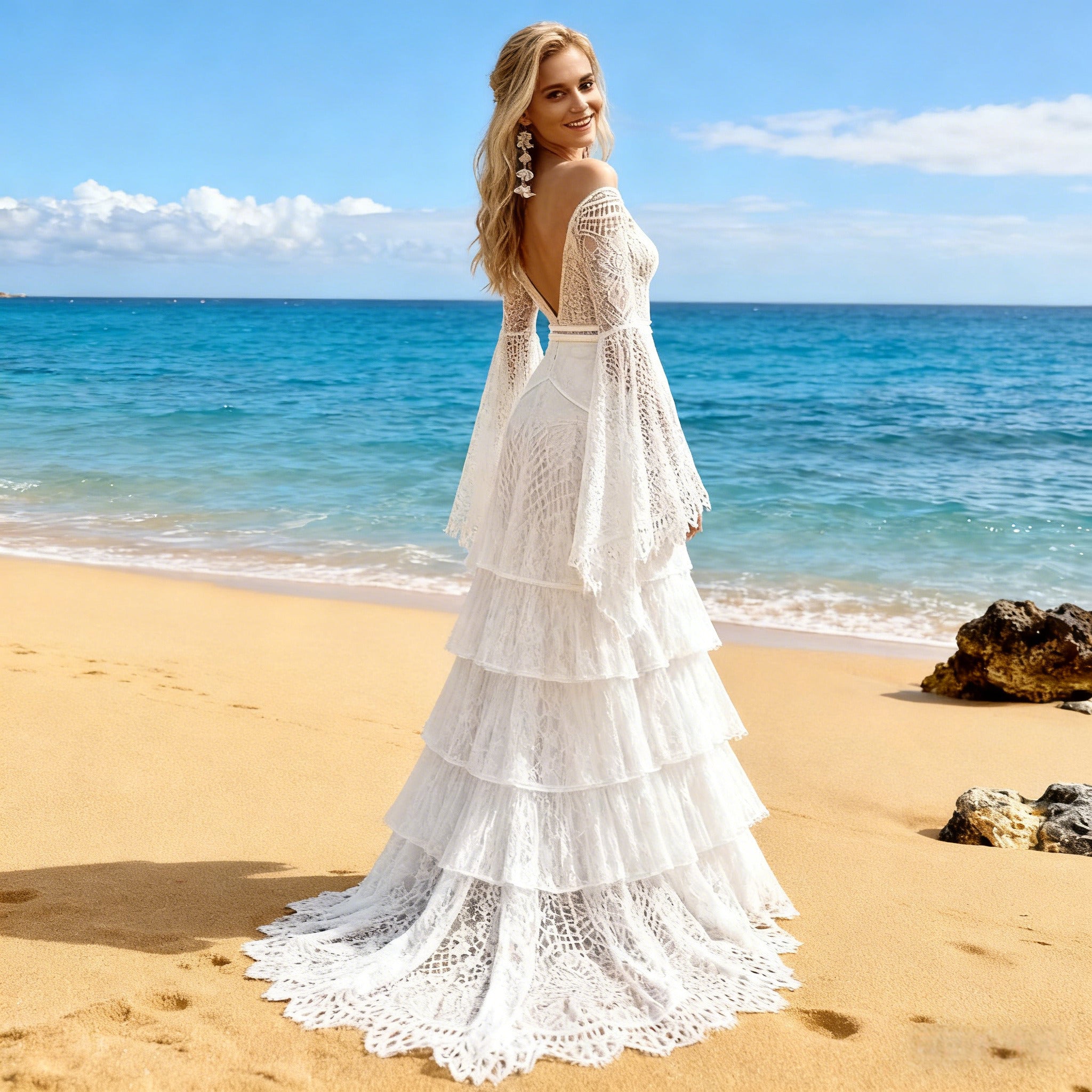 BHstyle Boho Ball-Gown Glockenärmel Spitze V-Ausschnitt Vintage Meerjungfrau Ballkleid Sexy Hippie Weiß 2-26W