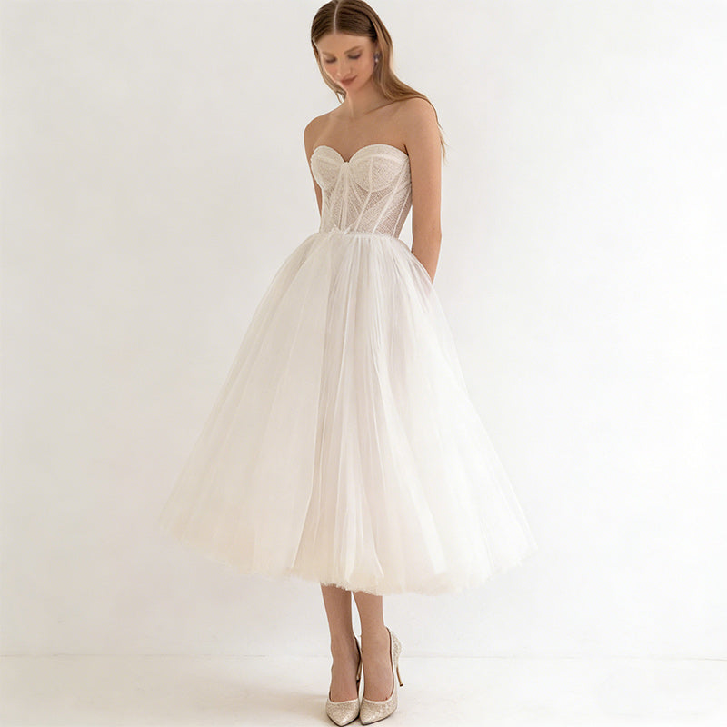 BHstyle Retro Kurzes Ball-Gown Tüll Wadenlang Korsage Herz-Ausschnitt Anlassmode Rockabilly Modern Weiß 2-26W