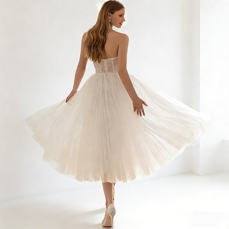 BHstyle Retro Kurzes Ball-Gown Tüll Wadenlang Korsage Herz-Ausschnitt Anlassmode Rockabilly Modern Weiß 2-26W