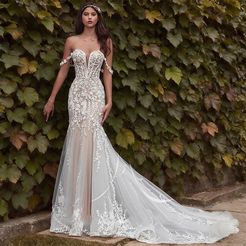 BHstyle Luxus Meerjungfrau Ball-Gown 3D-Spitze Herz-Ausschnitt Sexy Rückenfrei Kathedral-Schleppe Boho Weiß 2-26W
