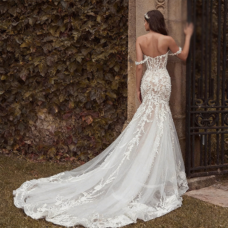 BHstyle Luxus Meerjungfrau Ball-Gown 3D-Spitze Herz-Ausschnitt Sexy Rückenfrei Kathedral-Schleppe Boho Weiß 2-26W