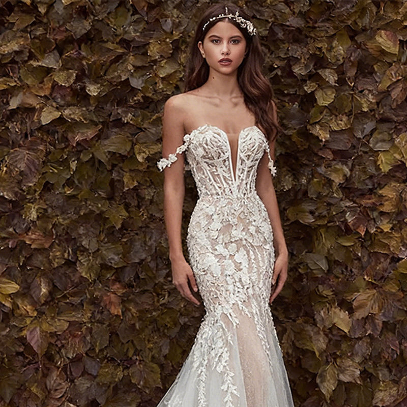 BHstyle Luxus Meerjungfrau Ball-Gown 3D-Spitze Herz-Ausschnitt Sexy Rückenfrei Kathedral-Schleppe Boho Weiß 2-26W