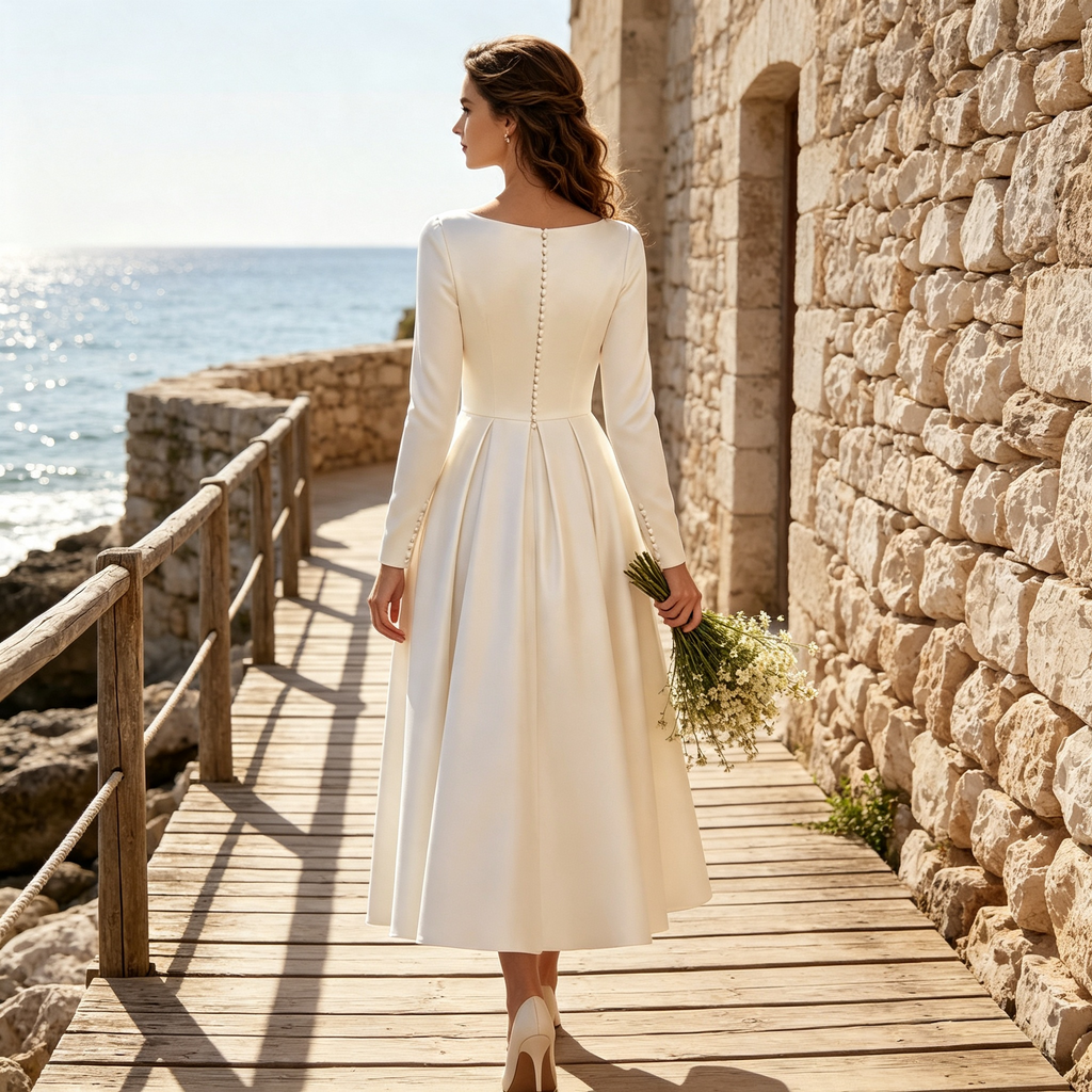 Damen Satin-Midikleid mit Langarm, U-Boot-Ausschnitt und Faltenrock - Elfenbein
