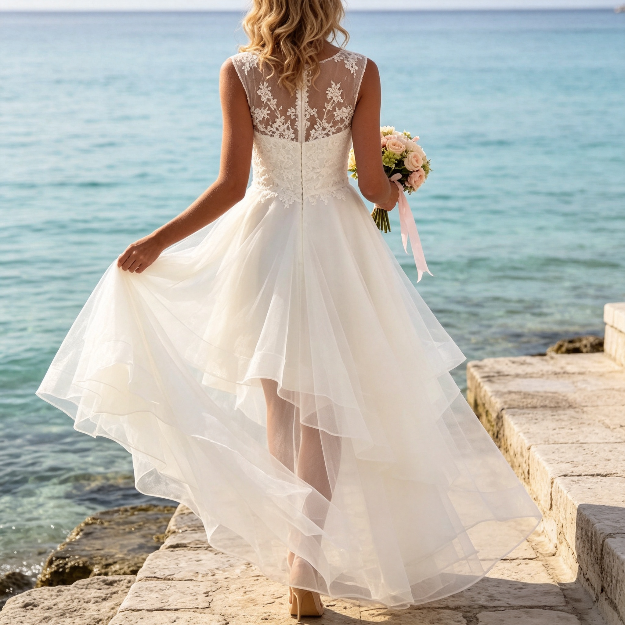 Elegantes Damen High-Low Abendkleid mit Spitze und Tüllrock – Ärmellos