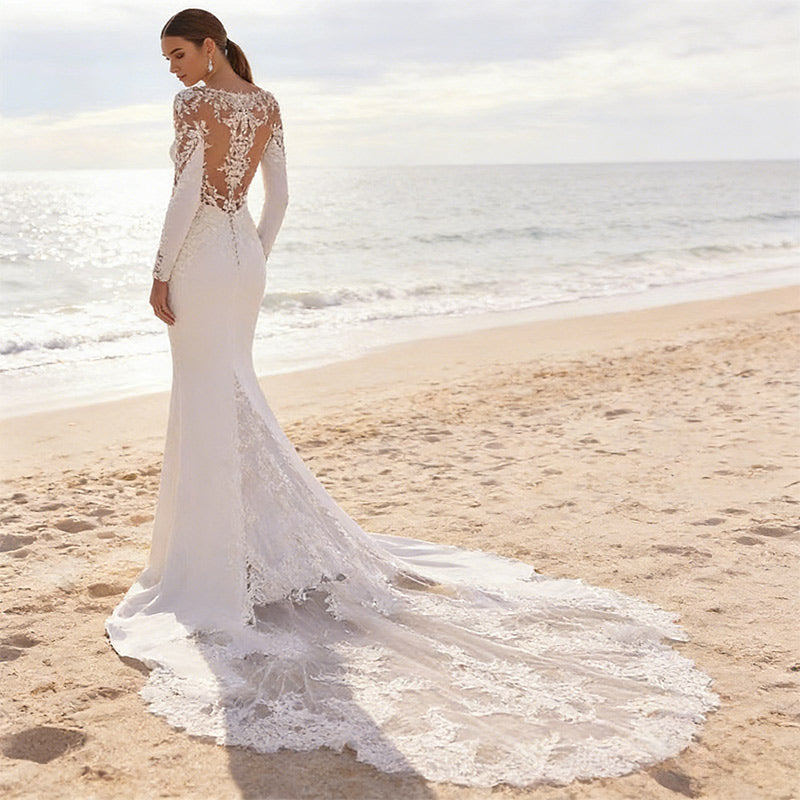 BHstyle Meerjungfrau Ball-Gown Langarm Spitze Rückenfrei Modernes Ballkleid mit Schleppe Weiß 2-26W