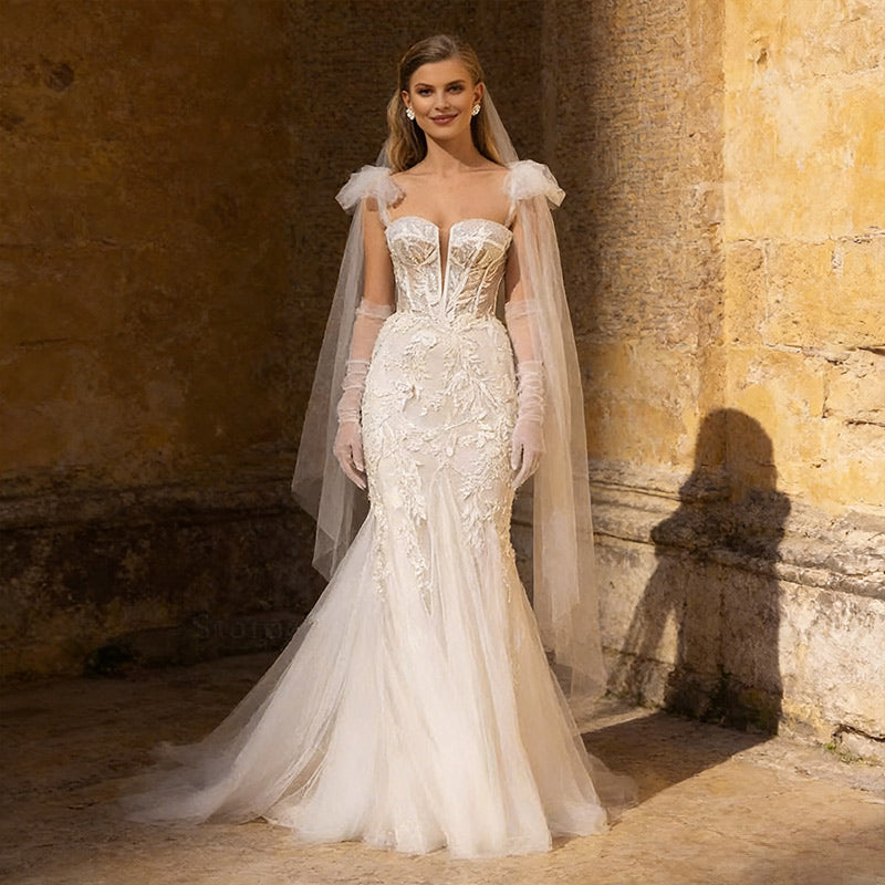 BHstyle Luxus Prinzessin Ball-Gown Glitzer Spitze Corsage Puffärmel Abnehmbar Ballkleid Elegant Weiß 2-26W