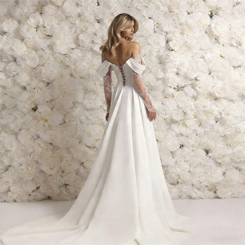 BHstyle Modernes Satin Ball-Gown Beinschlitz Spitze Corsage Off-Shoulder Sexy A-Linie Ballkleid Weiß 2-26W