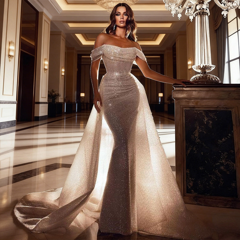 BHstyle Luxus Meerjungfrau Ball-Gown Glitzer Pailletten Off-Shoulder Sexy Anlassmode Ballkleid Weiß 2-26W