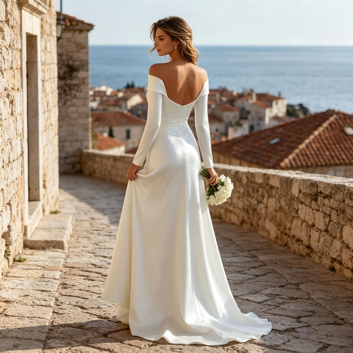 Elegantes Schulterfreies Maxikleid mit Langarm & Satin-Optik in Weiß
