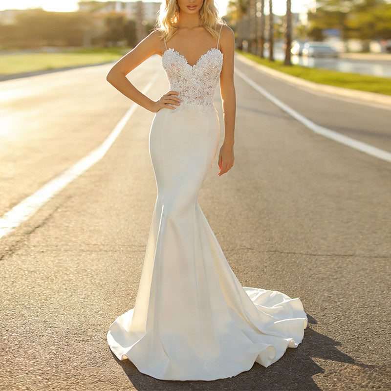 BHstyle Luxus Meerjungfrau Ball-Gown 3D-Blüten Spitze Transparent Corsage Sexy V-Ausschnitt Schleppe Weiß 2-26W