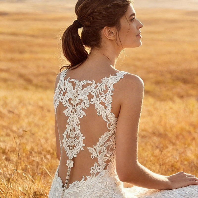 BHstyle Luxus Ball-Gown Meerjungfrau Spitze Illusions-Effekt V-Ausschnitt Schloss Hochzeit Sexy Weiß 2-26W