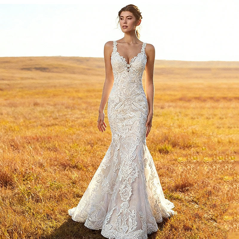 BHstyle Luxus Ball-Gown Meerjungfrau Spitze Illusions-Effekt V-Ausschnitt Schloss Hochzeit Sexy Weiß 2-26W
