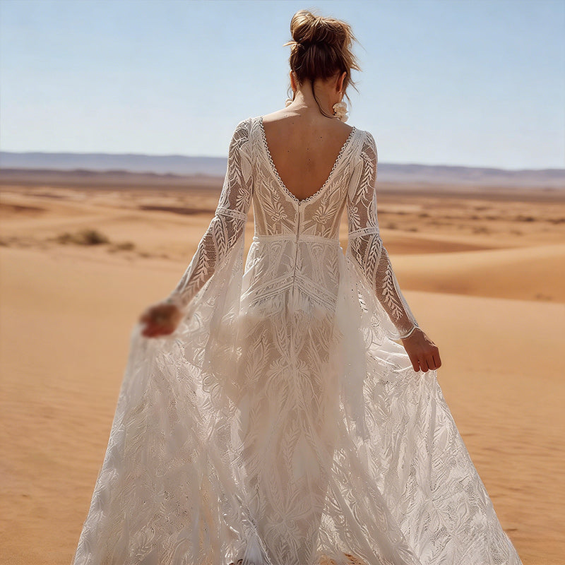 BHstyle Modernes Ball-Gown Rollkragen Satin Langarm Rückenfrei Schlicht Edel Anlassmode 2-24W