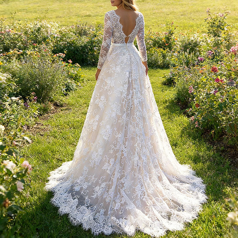 BHstyle Retro Ball-Gown Spitze Langarm Sexy Edel Kathedrale Hochzeit Weiß Creme 2-24W