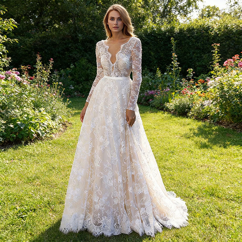 BHstyle Retro Ball-Gown Spitze Langarm Sexy Edel Kathedrale Hochzeit Weiß Creme 2-24W