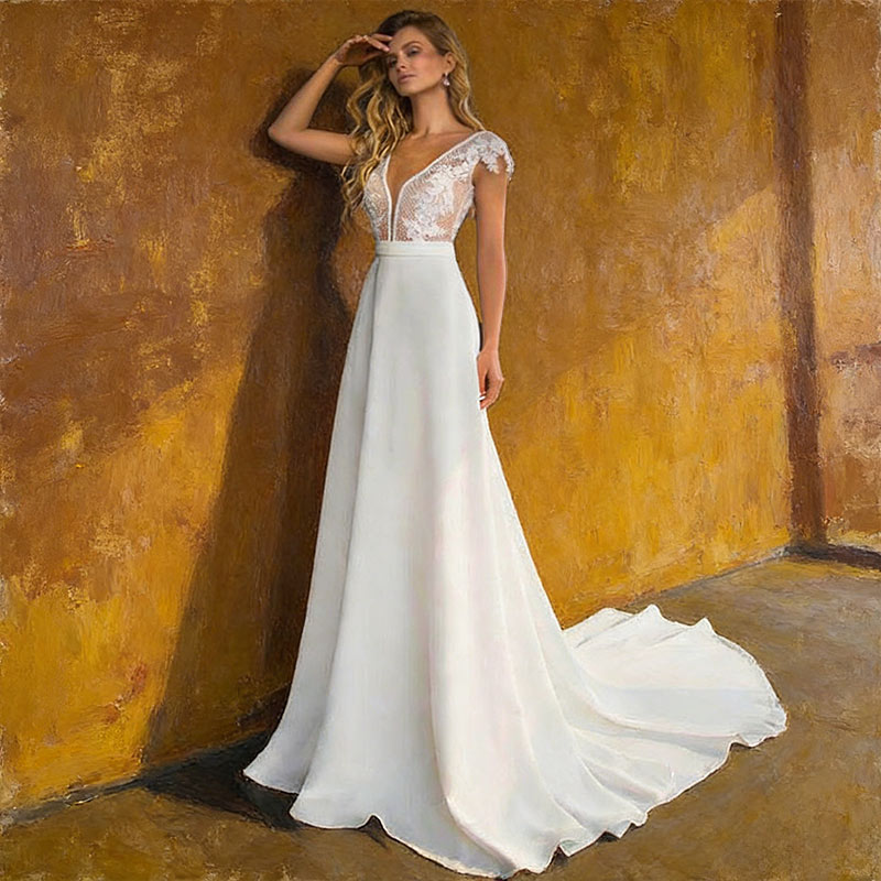 BHstyle Retro Ball-Gown A-Linie Satin Spitze V-Ausschnitt Edel Anlassmode Ballkleid Weiß Creme 2-24W