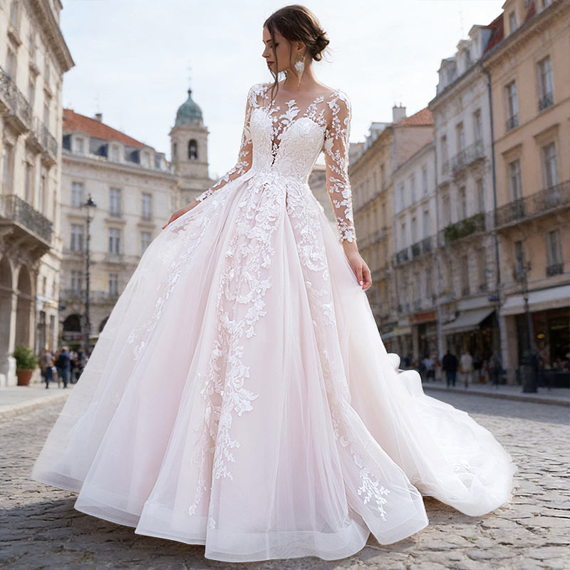 BHstyle Luxus Prinzessin Ball-Gown Spitze Langarm Tüll A-Linie Retro Edel Kathedrale Hochzeit Weiß 2-24W