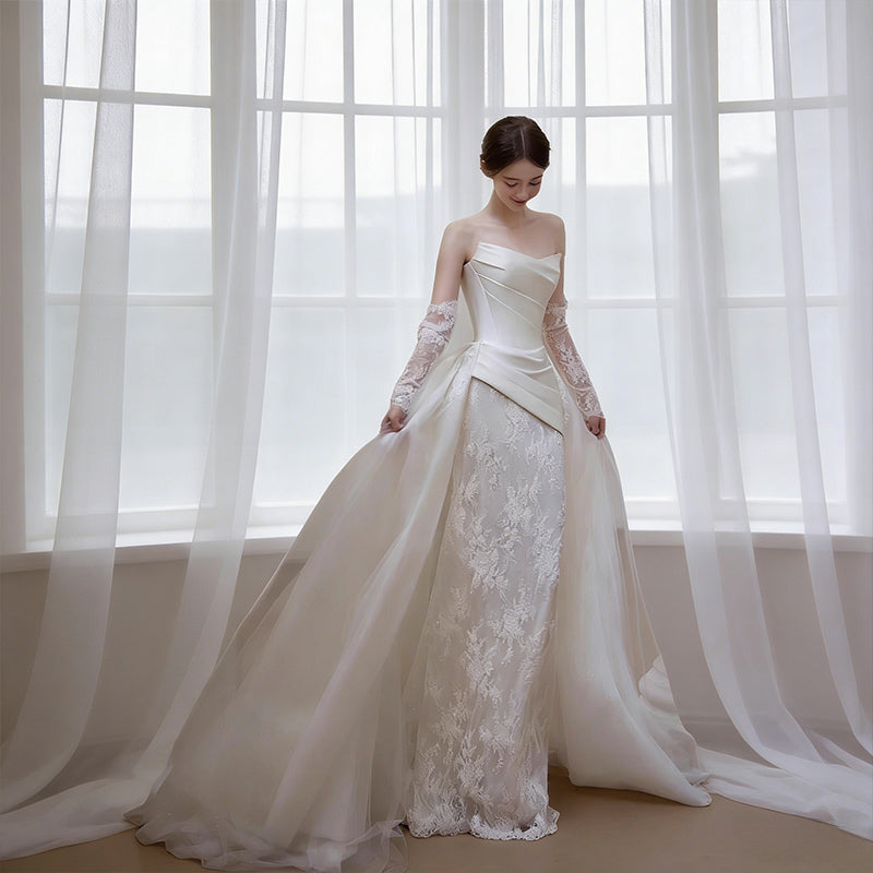 BHstyle Modernes Ball-Gown Meerjungfrau Satin Spitze Handschuhe Retro Edel Anlassmode Hochzeit Weiß 32-44