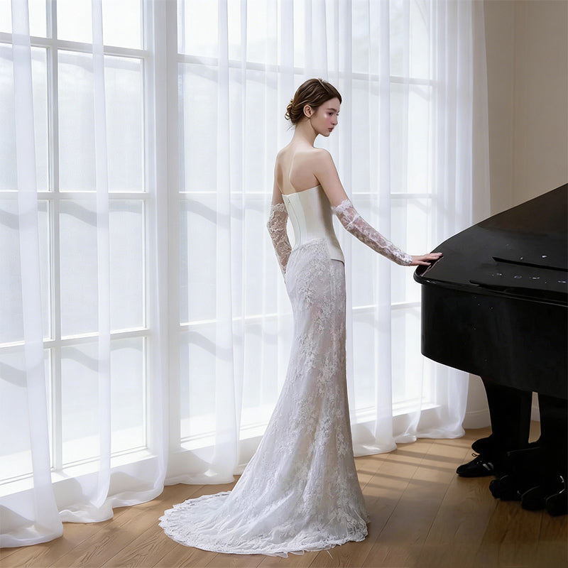 BHstyle Modernes Ball-Gown Meerjungfrau Satin Spitze Handschuhe Retro Edel Anlassmode Hochzeit Weiß 32-44
